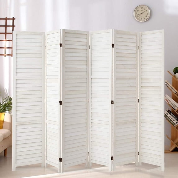 YODOLLA 6 Panel Wood Room Divider, 5.6 Ft Tall Folding Privacy Screen Room Divider, Freestanding Partition Wall Dividers for Office,White