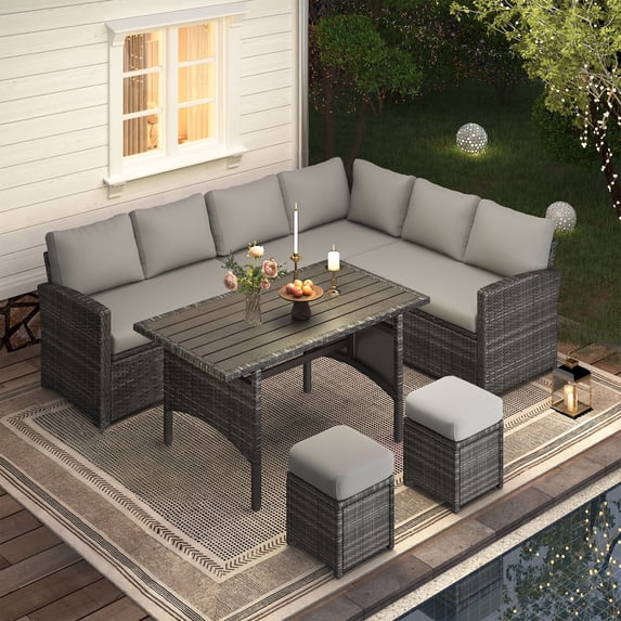 YODOLLA 6-Piece Patio Conversation Set, Outdoor Sectional Sofa, PE Rattan Wicker Furniture, Steel Frame, Gray
