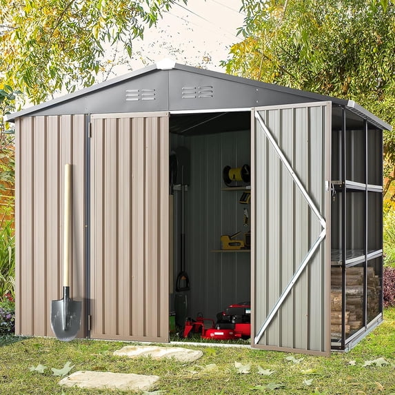 YODOLLA 6' x 8' Outdoor Storage Shed with Rack & Shelves Metal Utility Tool Shed for Backyard & Garden