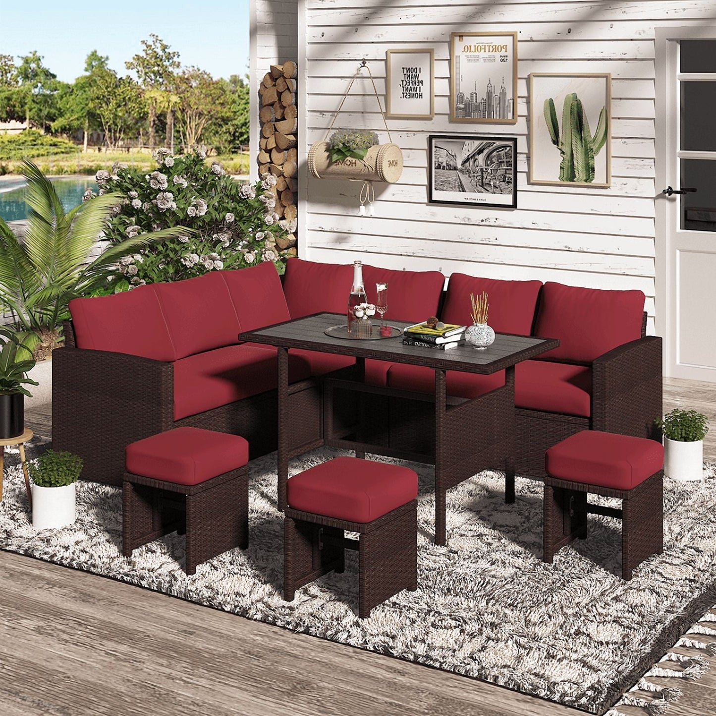YODOLLA 7 Pc Patio Furniture Set PE Rattan Outdoor Sectional Sofa Couch Dining Set with Table Patio Conversation Set in Wine Red