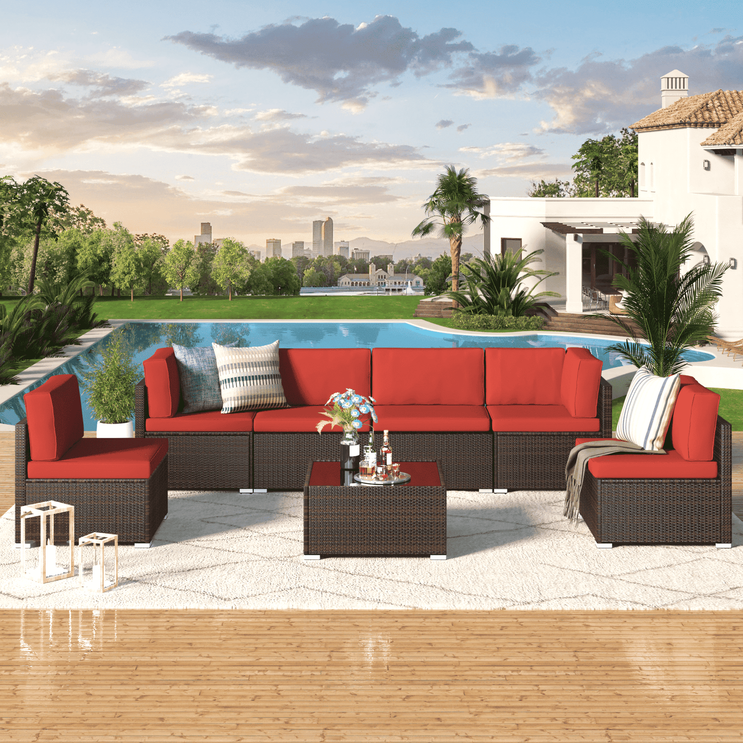 YODOLLA 7-Piece Outdoor Furniture Set, Rattan Wicker Sectional Sofa Couch Patio Conversation Set with Table In Red