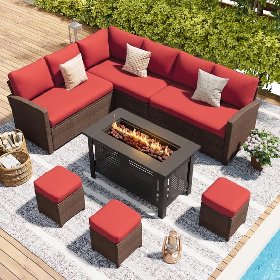 YODOLLA 7-Piece Patio Conversation Set with 43" Fire Pit Table, Outdoor Sectional Sofa, PE Rattan Wicker Furniture, Steel Frame, Red