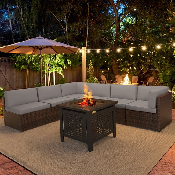 YODOLLA 7-Piece Patio Furniture Set with 30" Fire Pit Table, Rattan Wicker Outdoor Sectional Sofa Couch with Table Patio Conversation Set for Lawn& Backyard In Brown&Gray