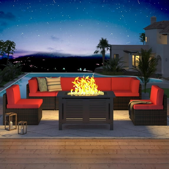 YODOLLA 7-Piece Patio Furniture Set with 43" Fire Pit Table, Rattan Wicker Outdoor Sectional Sofa Couch with Table Patio Conversation Set for Lawn& Backyard In Red