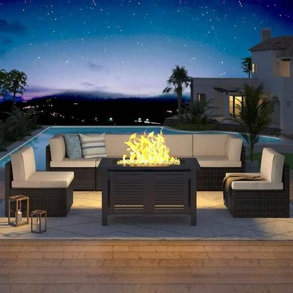 YODOLLA 7-Piece Patio Furniture Set with 43" Fire Pit Table, Rattan Wicker Outdoor Sectional Sofa Couch with Table Patio Conversation Set for Lawn& Backyard In Beige