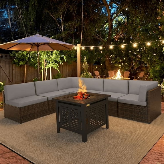 YODOLLA 7-Piece Patio Furniture Set with 30" Fire Pit Table, Rattan Wicker Outdoor Sectional Sofa Couch with Table Patio Conversation Set for Lawn& Backyard In Brown&Gray