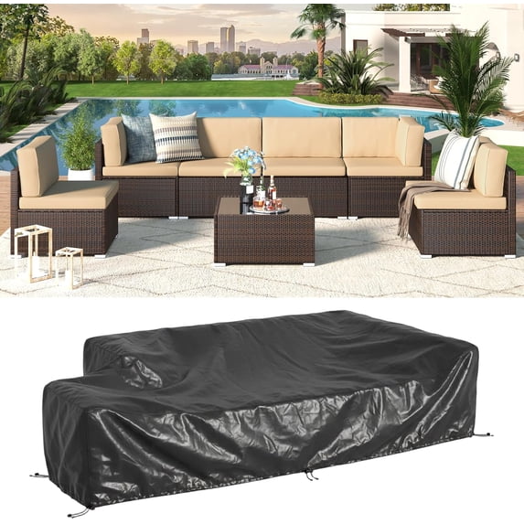 YODOLLA 7-Piece Patio Furniture Set on Sale w/ Protection Cover, Outdoor Sectional Sofa on Clearance w/ Coffee Table in Brown Wicker& Beige Cushions