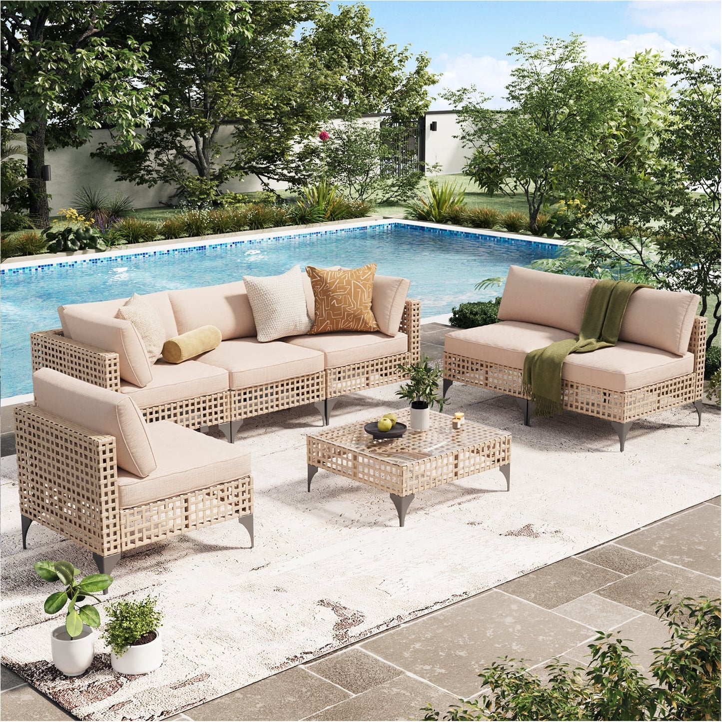 YODOLLA 7-Piece Patio Furniture Set with Tea Table, Rattan Wicker Outdoor Sectional Furniture Sofa Conversation Set, Brown Rattan& Beige Cushions