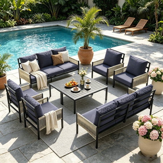 YODOLLA 7-Piece Patio Furniture Sets with 4 Retractable Chairs & Coffee Table, 10 Seat Patio Conversation Set Outdoor Furniture in Navy