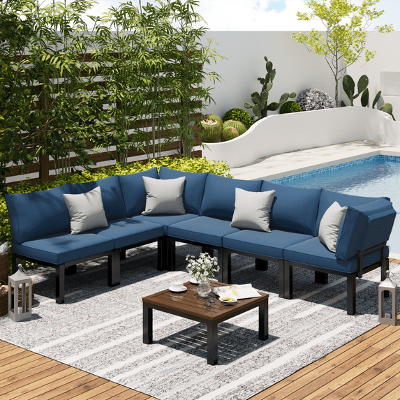 YODOLLA 7 Pieces Outdoor Patio furniture Set Clearance Metal Patio Sectional Sofa Set on sale with Navy Blue Cushions