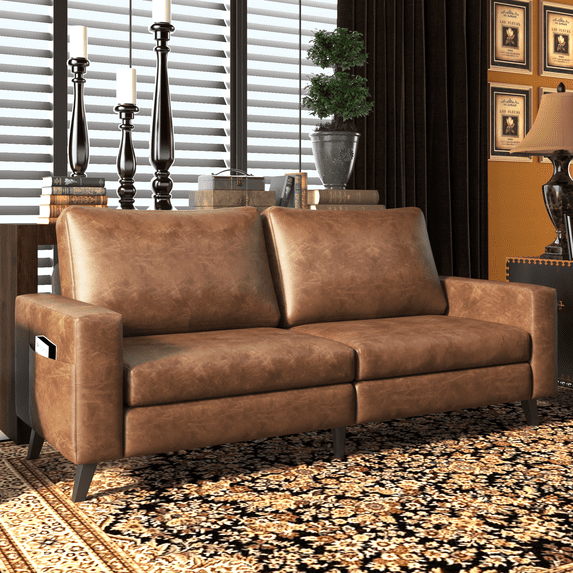 YODOLLA 79" Loveseat Faux Leather Sofa Apartment Couch 3 Seater Living Room Furniture for Small Rooms& Spaces- Saddle Brown