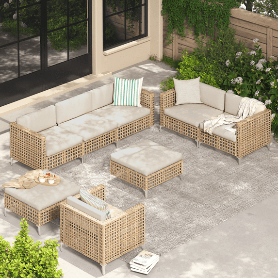 YODOLLA 8-Piece Patio Furniture Set, Boho Style Rattan Wicker Sectional Sofa Couch Outdoor Conversation Set with Table In Beige