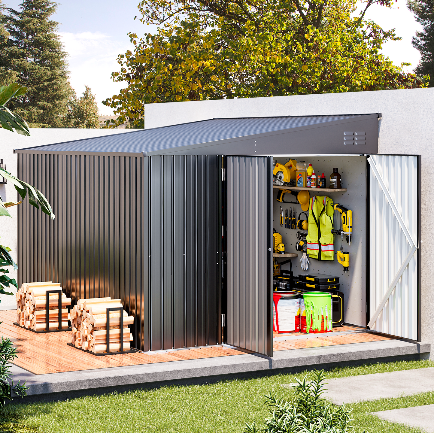 YODOLLA 8' x 10' Outdoor Metal Storage Side Shed with Lockable Door Metal Attached Lean-To Shed for Backyard in Dark Grey
