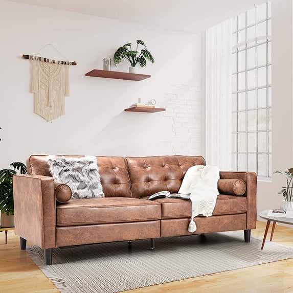 YODOLLA 84.2" Mid-Century Sofa Couch,Tufted Modern Couch-Saddle Brown