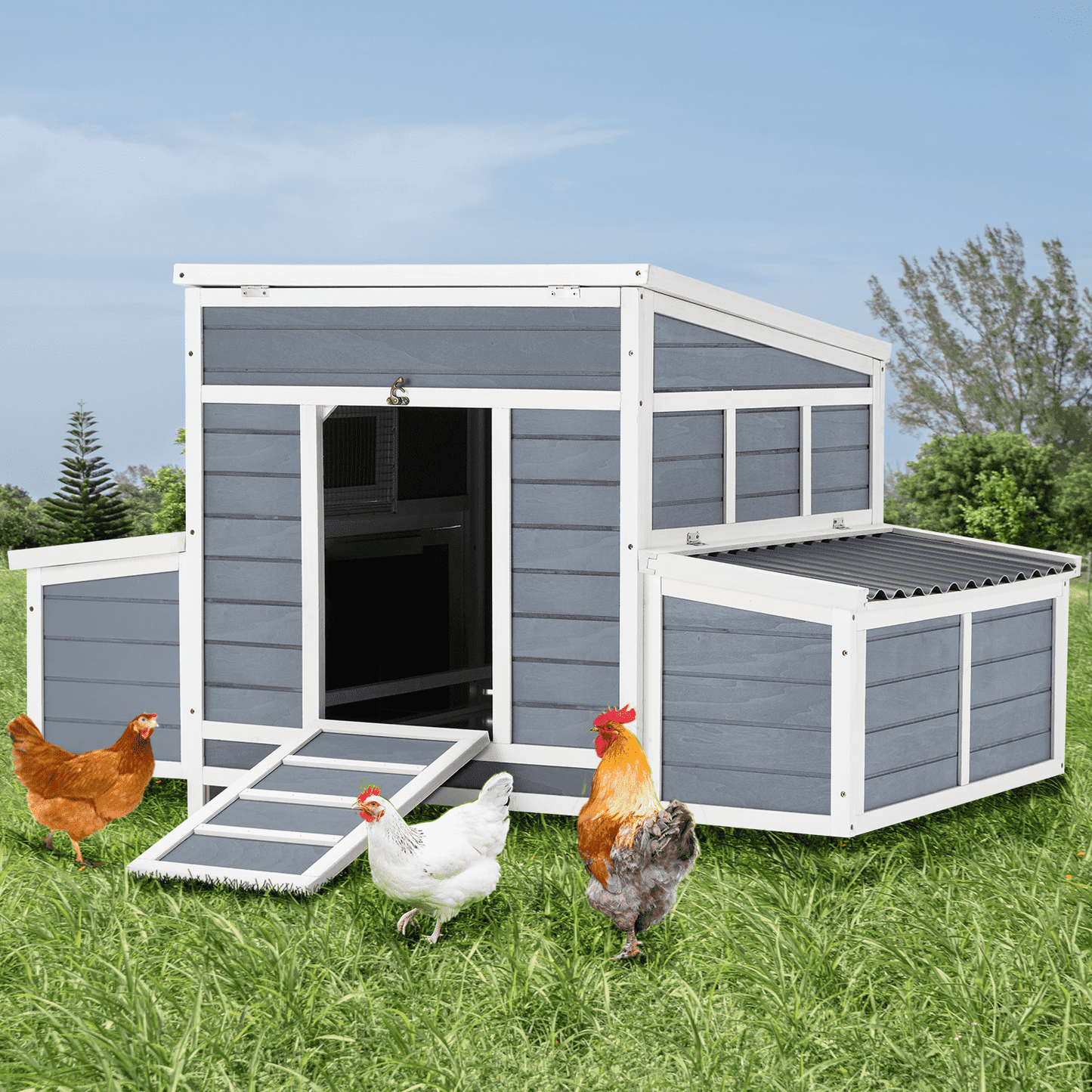 YODOLLA Chicken Coop 56" Large Wooden Chicken Hutch with 6 Nesting Boxes Outdoor Hen House Chicken Cage w/Ramps, Removable Tray for Easy Cleaning