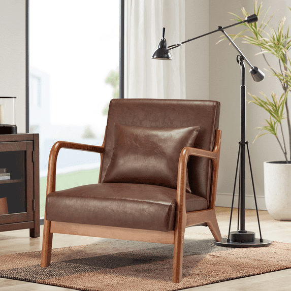 YODOLLA Faux Leather Accent Chair Mid Century Modern Living Room Chair Side Arm Chair in Brown
