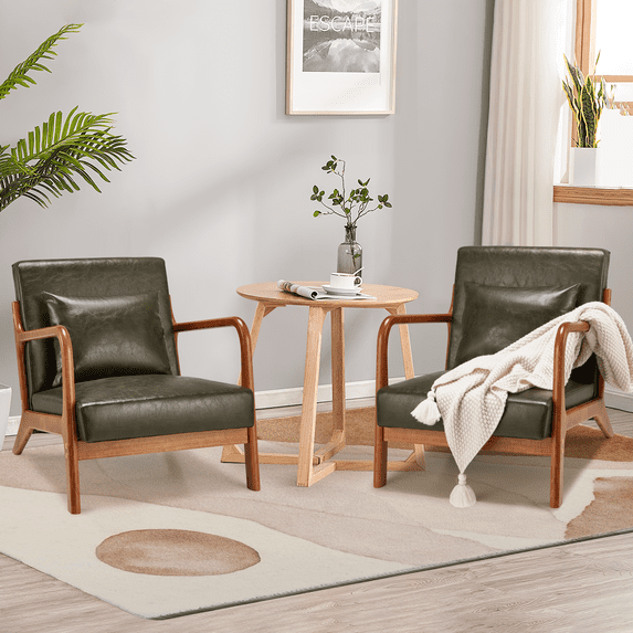 YODOLLA Faux Leather Accent Chair Set of 2, Mid Century Modern Living Room Chair Side Arm Chair in Green