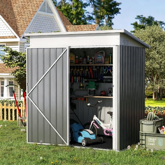 YODOLLA Galvanised Metal Garden Shed 5x3 ft with Floor, Lockable Double Doors, Waterproof Sloped Roof, Dark Grey