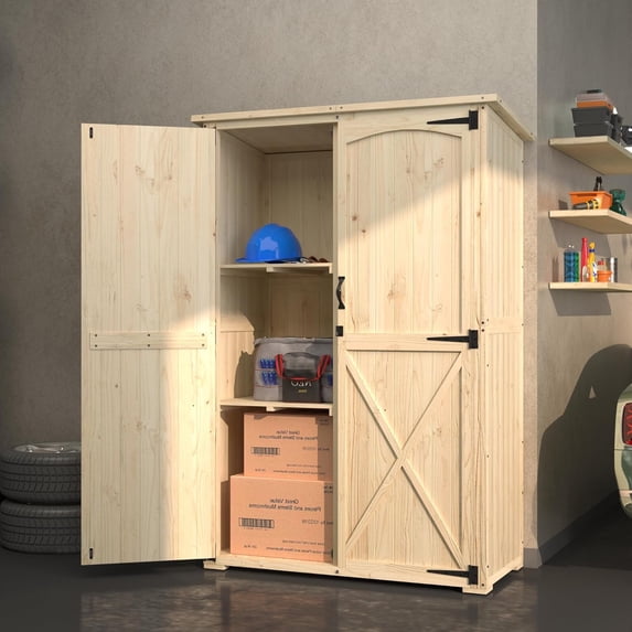 YODOLLA Large Outdoor Wooden Storage Shed with Waterproof Roof, Featuring a Tool Shed with 2 Removable Shelves and Double Lockable Doors in Natural Wood