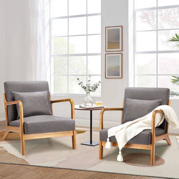 YODOLLA Mid-Century Modern Accent Chair Upholstered Living Room Arm Chair with Pillow in Gray Set of 2