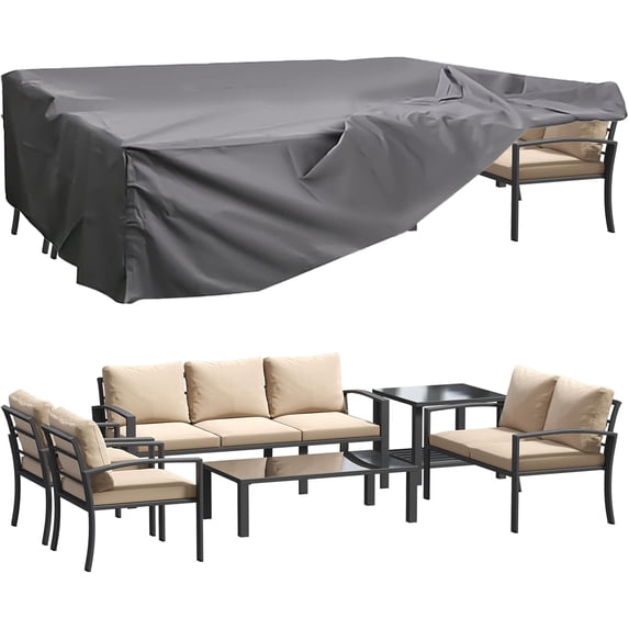YODOLLA 6-Piece Metal Patio Furniture Set with Cover, Outdoor Sofa Set with Coffee & Side Table, Beige Cushions
