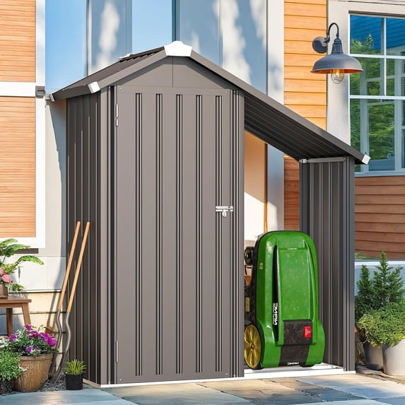 YODOLLA Outdoor Storage Cabinet with Shelves and Lean to Open-Sided Firewood Racks, Metal Storage Shed Utility Organizer for Garden & Patio in Gray