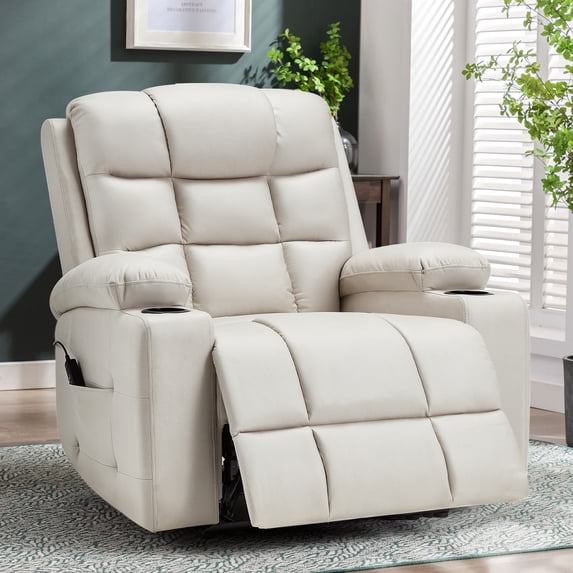 YODOLLA Oversized Nursery Electric Recliner Chair, Power Sofa with USB & Cup Holders, Breathable Leather Fabric, Home Theater Seating in White