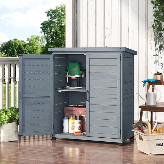 YODOLLA Storage Cabinet, Wooden 2-Door Buffet Cabinet with Metal Tabletop and Adjustable Shelves for Kitchen, Entryway, Living Room, Gray