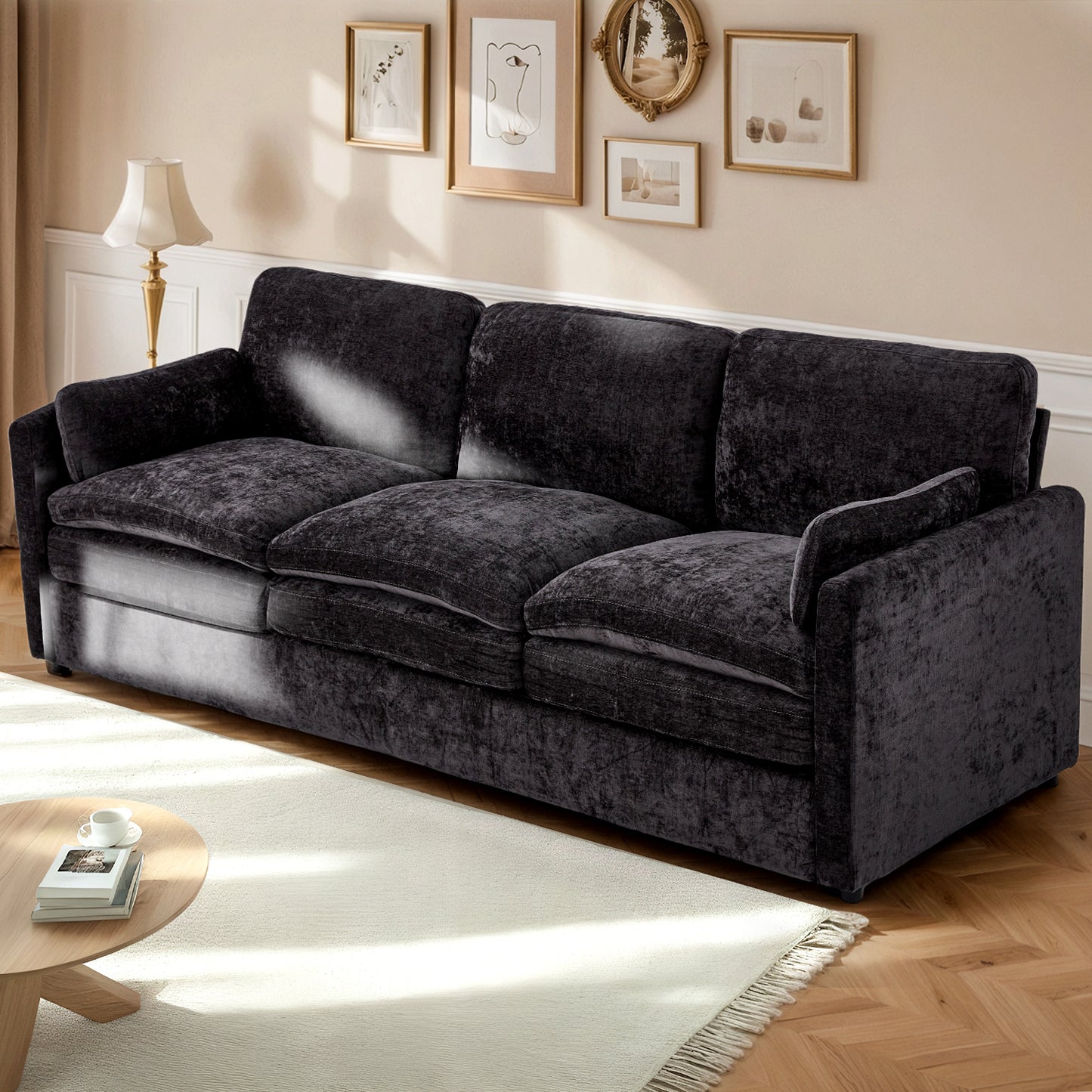YODOLLA 89" Sofa Couch for Living Room 3 Seats Chenille Futon Sofa with 2 Removable Pillows, Black