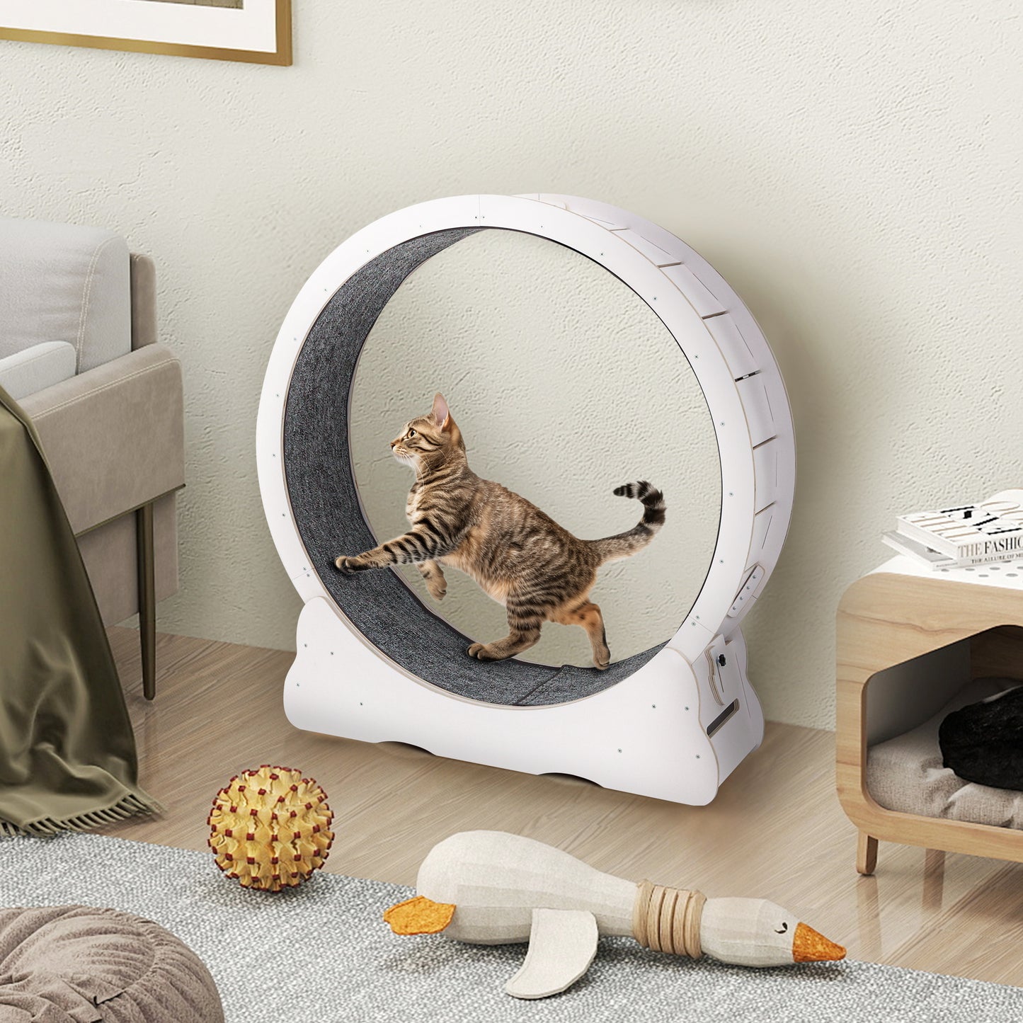 AECOJOY Cat Exercise Wheel 35.8” Cat Treadmill for Indoor Cats Large Quiet Cat Wheel with Detachable Carpeted Runway White