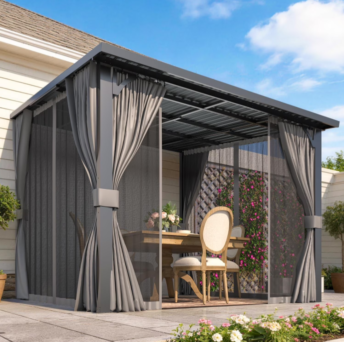 AECOJOY 10' x 10' Hardtop Patio Gazebo with Curtains and Netting, Wall Mounted Heavy Duty Outdoor Pergola on Clearance with Galvanized Steel Roof, Waterproof Metal Grill Gazebo for Backyard