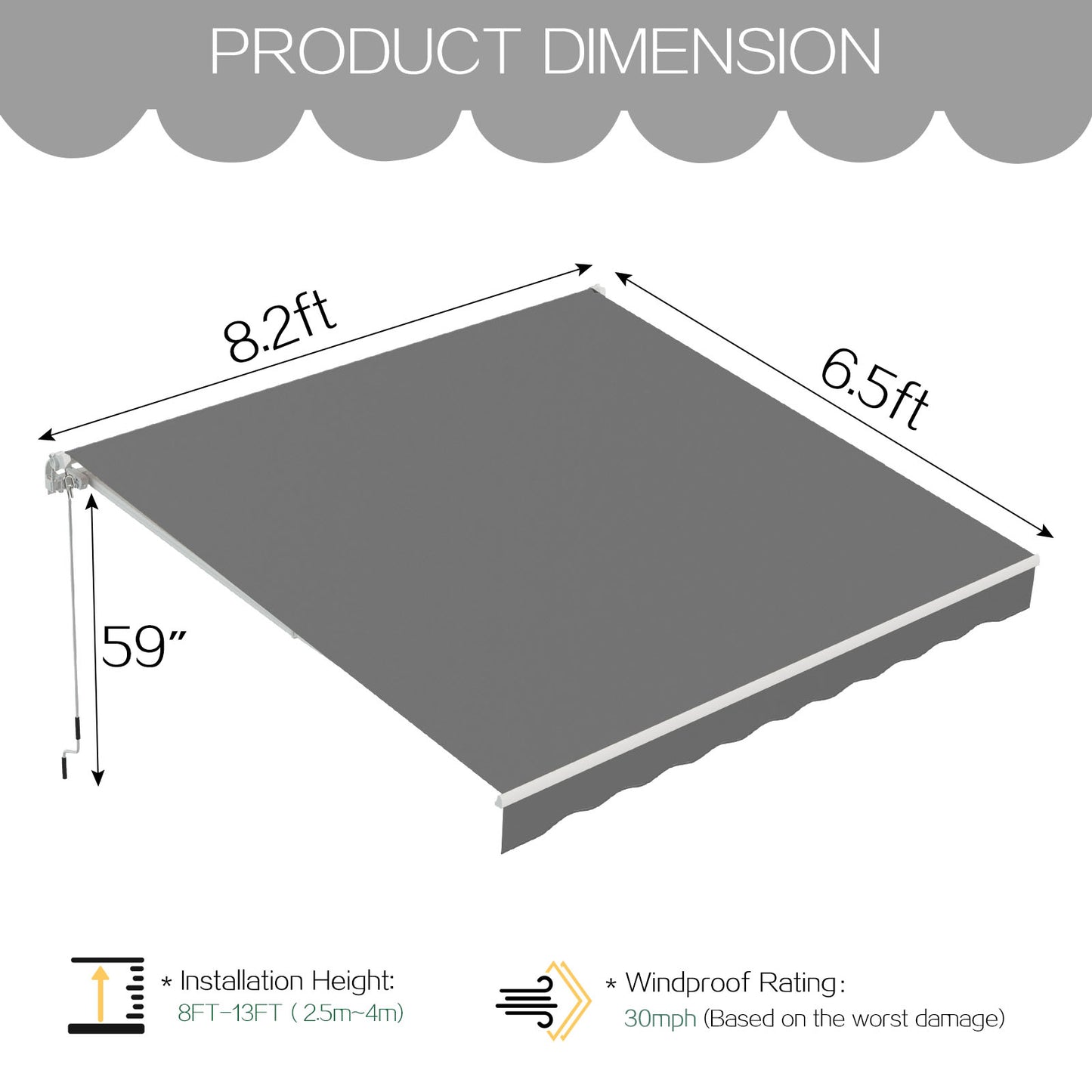 AECOJOY 8.2x6.5FT Retractable Awning Replacement Canopy, 280g Polyester Sunshade Cover with Valance for Patio, Yard, Deck, Balcony, Grey
