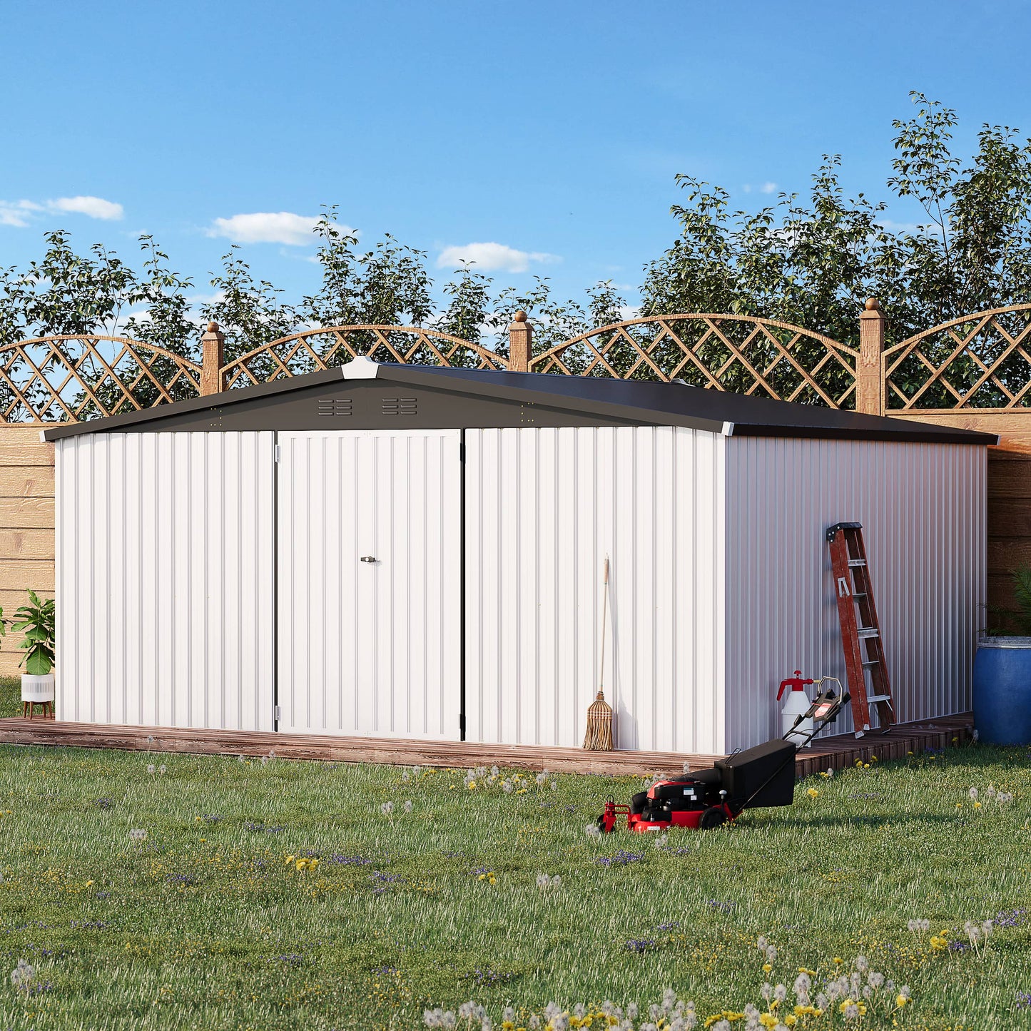 AECOJOY 14' x 12' Outdoor Storage Shed with Lockable Door Patio Metal Garden Storage Building in White for Outside