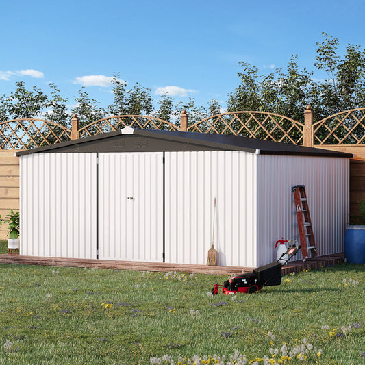 AECOJOY 14' x 12' Outdoor Storage Shed with Lockable Door Patio Metal Garden Storage Building in White for Outside