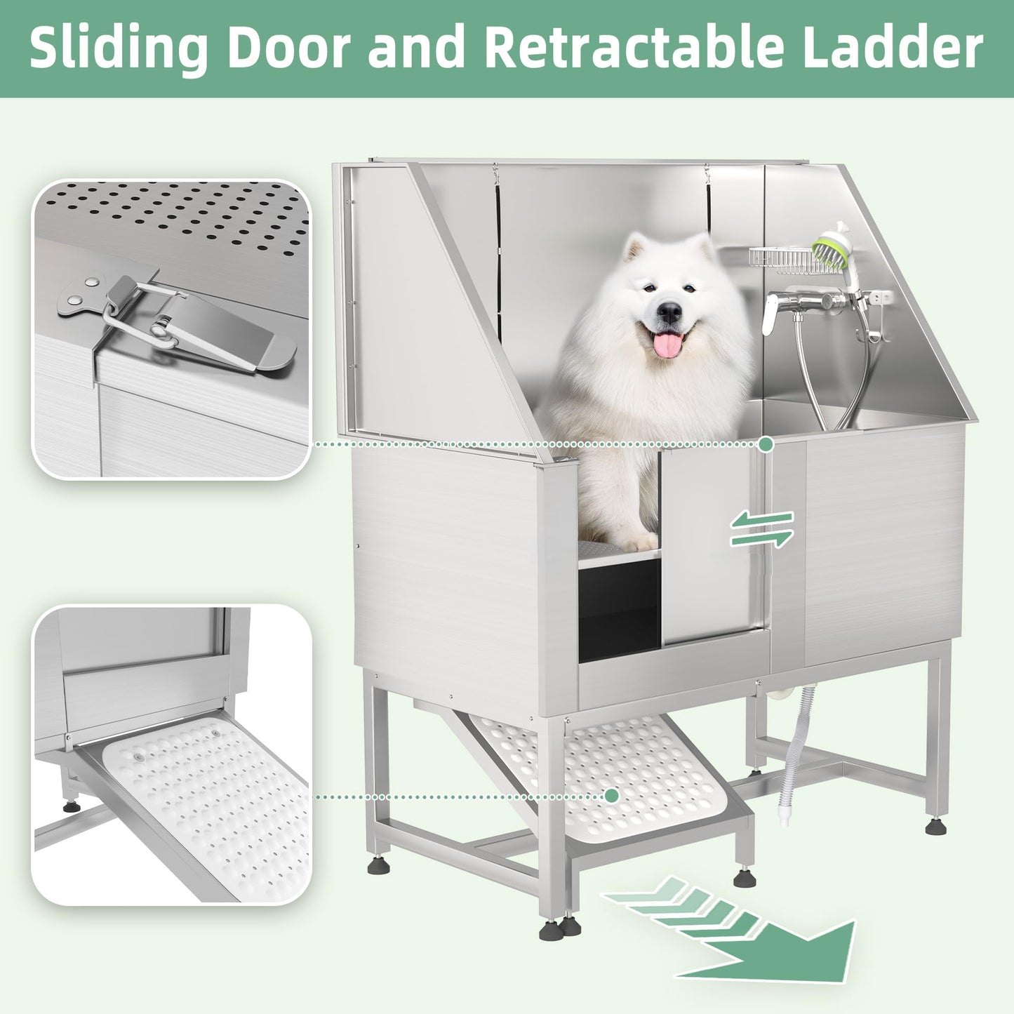 YODOLLA 50” Professional Stainless Steel Dog Washing Station for Large, Medium, and Small Dogs, Height Adjustable Dog Bathtub with Ramp, Pet Grooming Bath Tub for Indoor Outdoor, Left Door