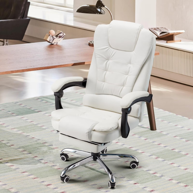 AECOJOY 7 Points Massage Office Chair with Heat Ergonomic Reclining Computer Chair High Back Desk Chair w/Retractable Footrest Ergonomic Leather Office Chair,Cream White