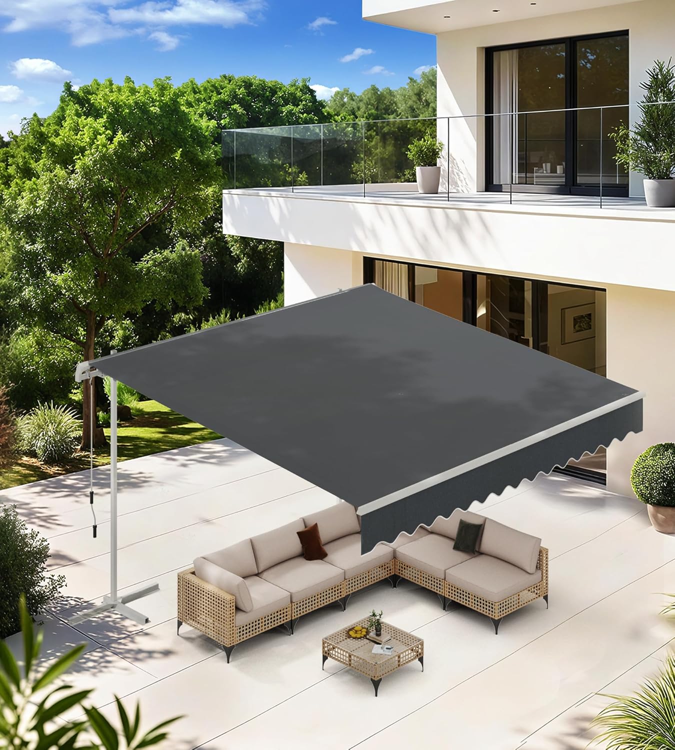 AECOJOY 10x8 ft. Free Standing Retractable Awning - Single Side Patio Awnings Manual Sun Shade - Dark Grey