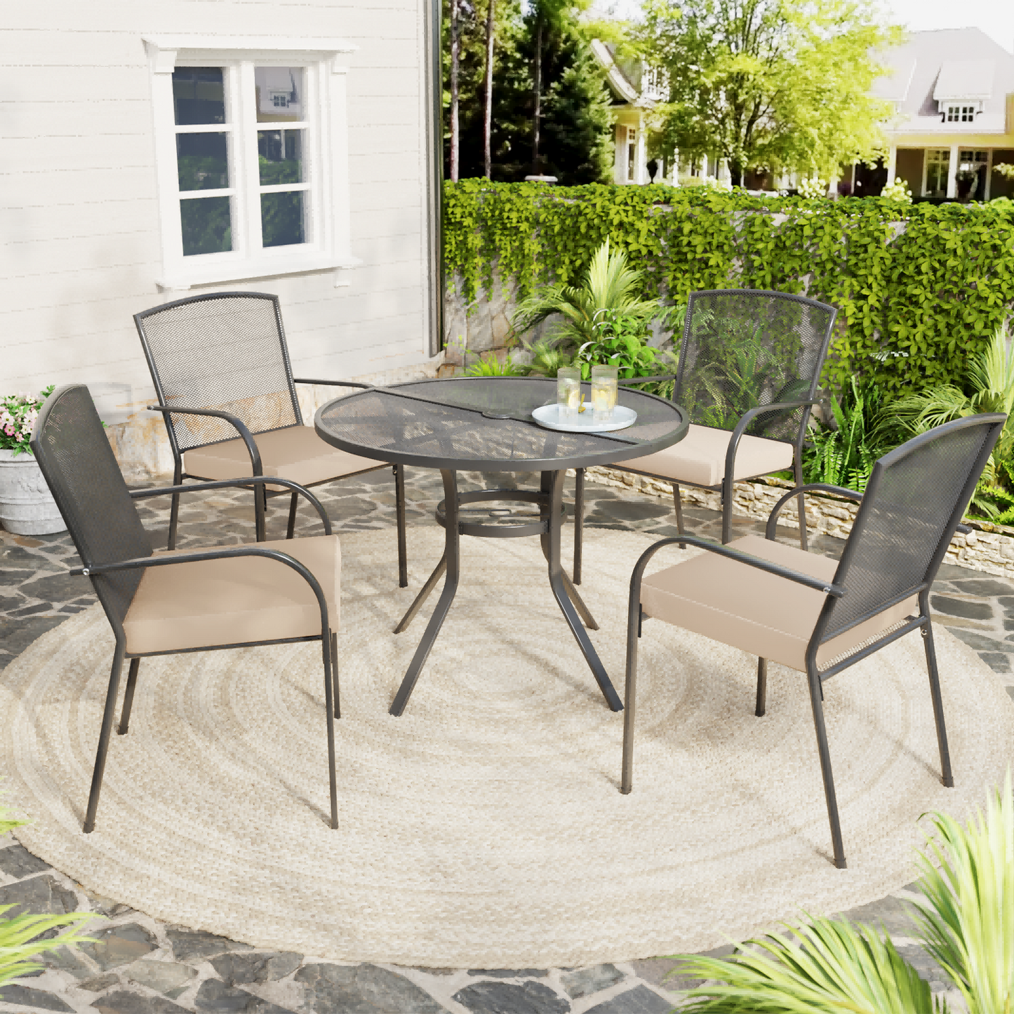 AECOJOY 5 Piece Outdoor Dining Set, Round Dining Table with Umbrella Hole and 4 Stackable Chairs, Dark Grey and Beige Cushion