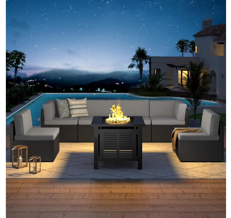 YODOLLA 7-Piece Patio Furniture Set with 30" Fire Pit Table, Rattan Wicker Outdoor Sectional Sofa Couch with Table Patio Conversation Set for Lawn& Backyard In Gray