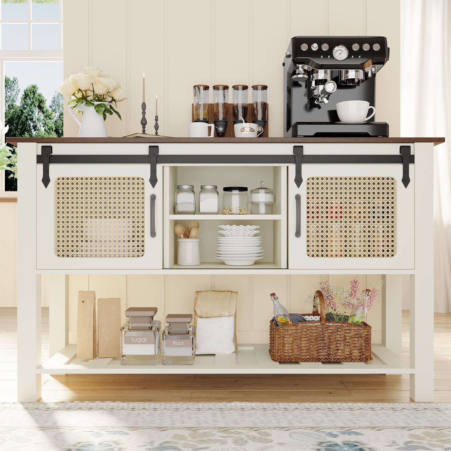 YODOLLA 46'' Kitchen Sideboard Buffet Cabinet with 2 Rattan Sliding Barn Door, Shelves and Bottom Open Shelf, White