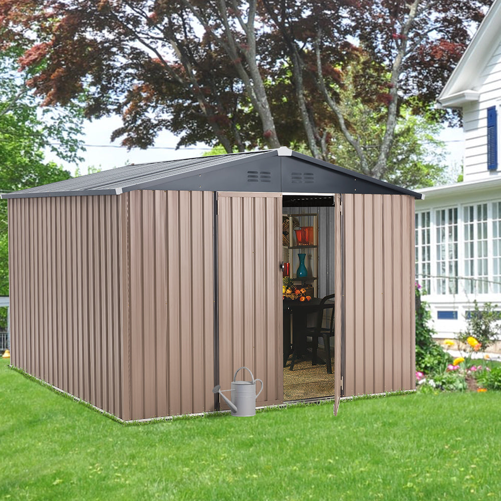 YODOLLA 10' x 8' Outdoor Metal Storage Shed in Brown Patio Storage Building with Lockable Door for Garden, Backyard