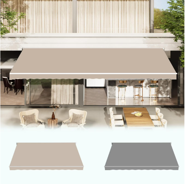 AECOJOY 10x8FT Outdoor Awning, Patio Sun/Rain Shelter w/Manual Crank, Beige