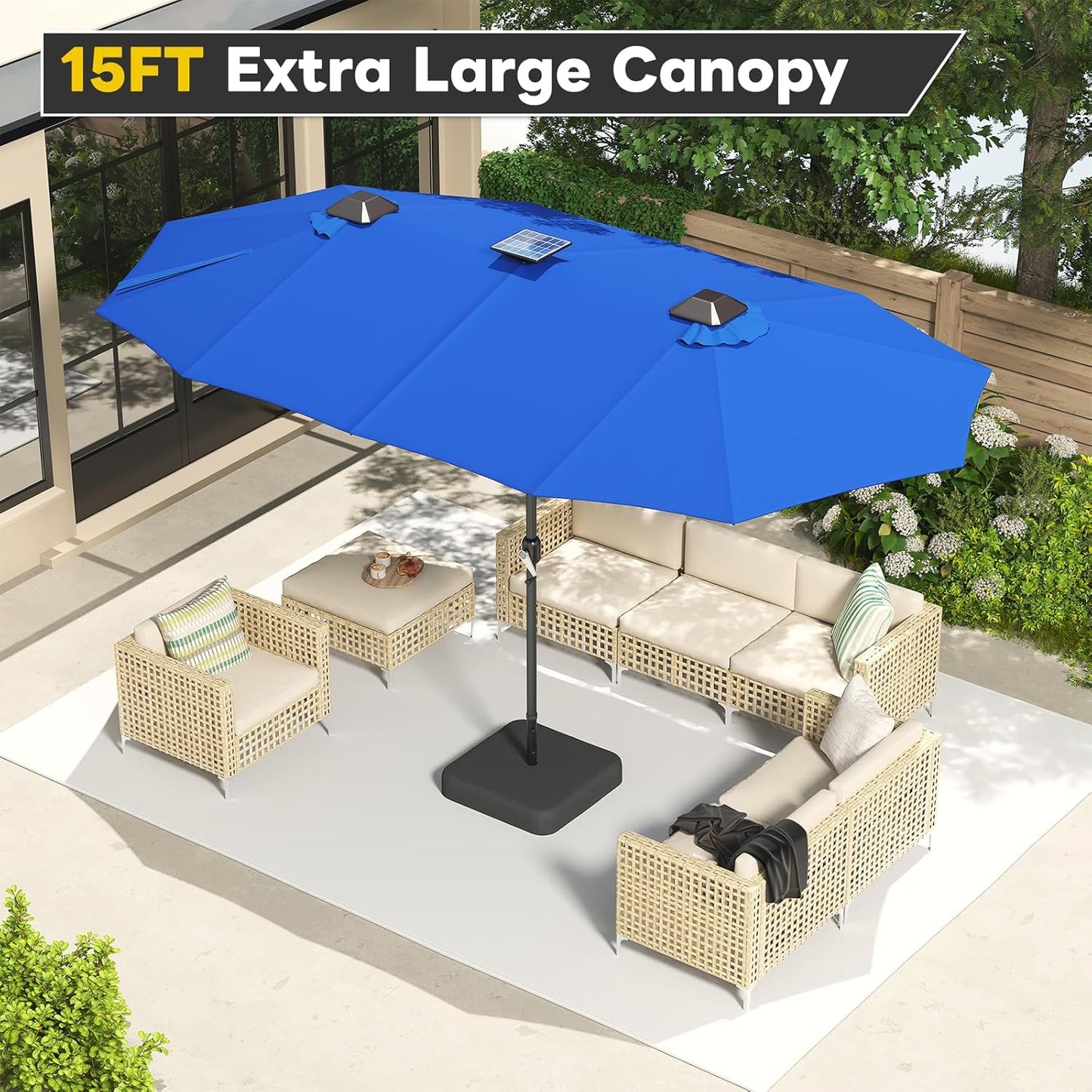 AECOJOY 15 x 9 ft Rectangular Double-Sided Patio Umbrella, 360° Solar Lights with Included Base, 1.9" Pole,Dark Blue