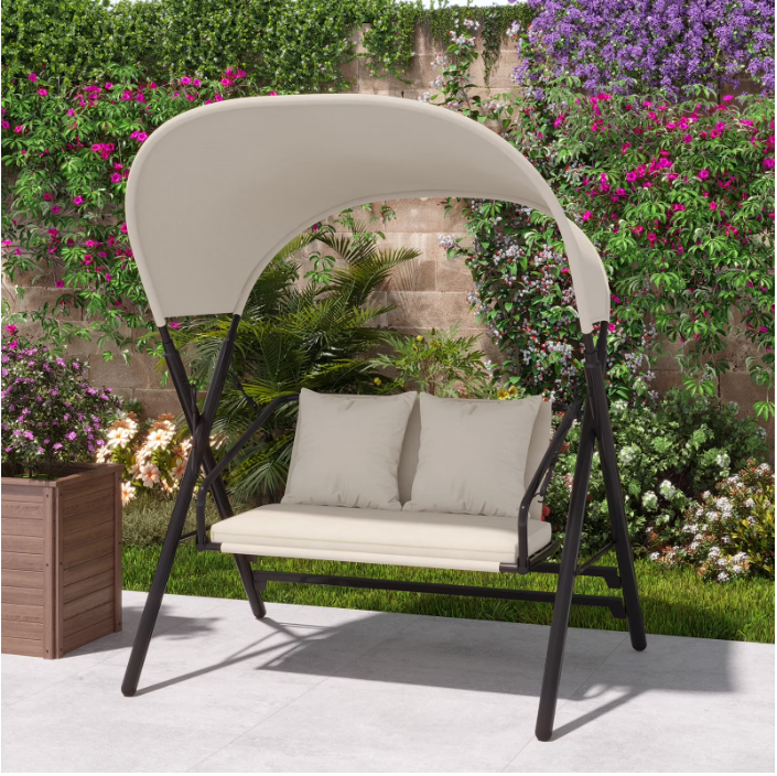 AECOJOY Outdoor 2-Seat Patio Swing Chair, Adjustable Canopy & Removable Cushion, Porch Swing Bench for Adults, Beige