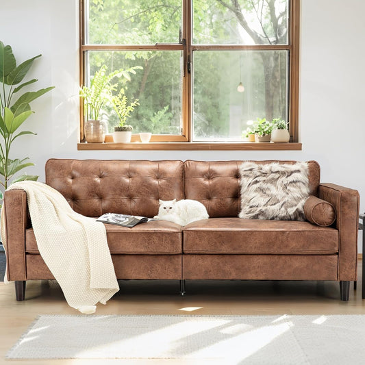 YODOLLA 84.2" Mid-Century Sofa Couch,Tufted Modern Couch-Saddle Brown