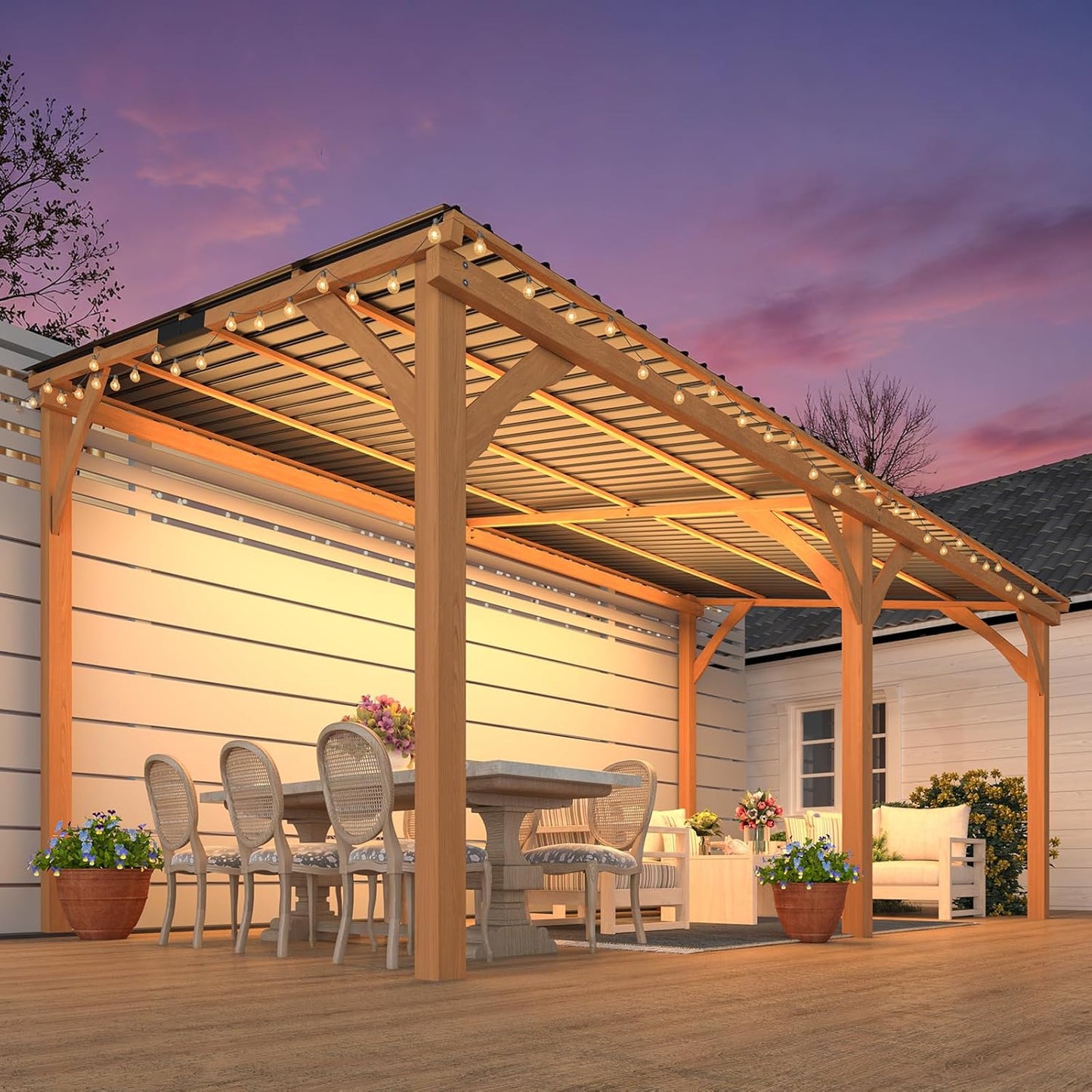 YODOLLA 16' x 10' Wall-Mounted Outdoor Wood Gazebo, Hardtop Cedar Pergola with Heavy-Duty Awnings for Patio, Deck, Backyard