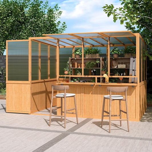 AECOJOY 6x10 FT Wood Greenhouse For Outdoor,Heavy Duty Lean-to Walk-in Greenhouse with Polycarbonate Panels,Openable Vent and Lockable Door,Backyard Garden