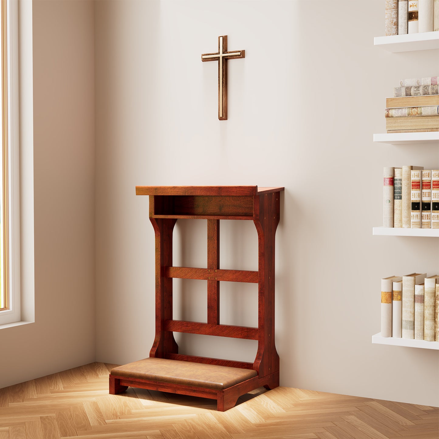 YODOLLA Acacia Wood Prayer Bench Kneeler Prayer Table at Home with Cushion Pad,Church Kneeling Stand Stool Padded Prayer Chair Shelf for Kneeling at Home and Church