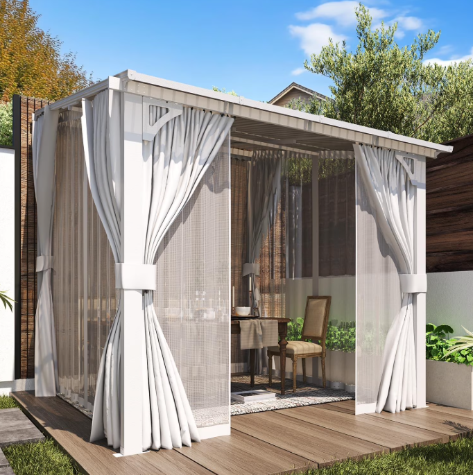 AECOJOY 8' X 8' Outdoor Lean to Gazebo for Patio on Clearance, Small Wall Mounted 8x8 Pergola with Curtains and Netting, Heavy Duty Metal Awnings for Lawn Backyard Garden Deck in White