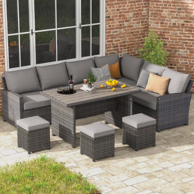 AECOJOY Patio Furniture Set, 7-Piece Rattan Wicker Sectional Sofa Couch, Outdoor Dining Conversation Set in Gray